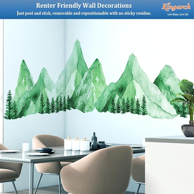 Green Watercolor Mountain Wall Decals Peel and Stick – Scenic Forest Range Mural Pine Trees, Boho Nature Landscape Vinyl Sticker for Bedroom, Nursery, Living Room – Removable DIY Wall Decor Art - Image 4