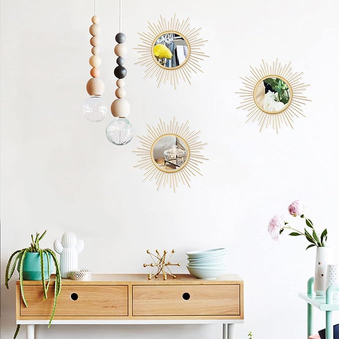 3 Pack Metal Mirrors for Wall Sunburst Wall Mirrors Home Décor Decorative Hanging Wall Art for Living Room Bedroom Entryway (Gold, Sunburst) - Image 7