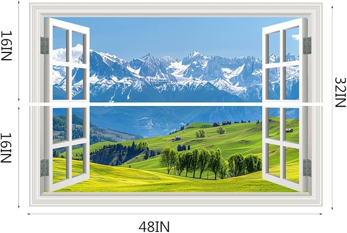 Fake Window Wall Decal- Mountain Forest Green Grassland Open Wall Sticker | Faux Window Natural Scenery Landscape Mural｜Stick and Peel Wall Decals｜Room Bedroom Office Scene Decor｜48"x32",Set of 2 Sheet - Image 2
