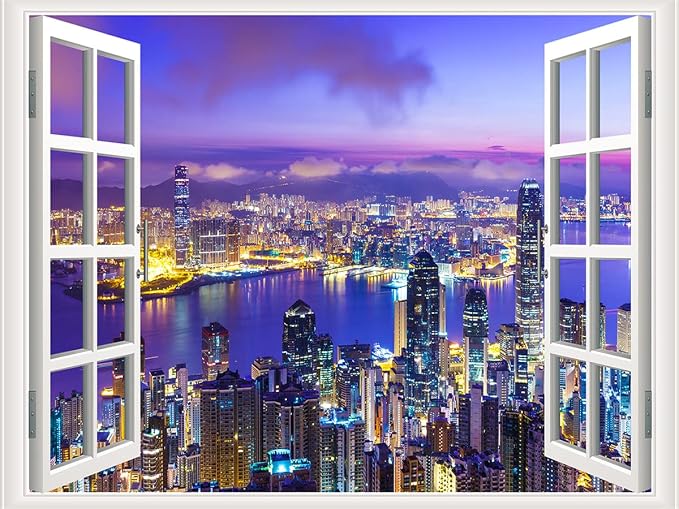 Self-Adhesive Wall Sticker Romantic Living Room Bedroom Study Office Decorative Wall Sticker Ocean Scenery Fake Window Sticker Mural (36"×48", City Night) by THNWSY