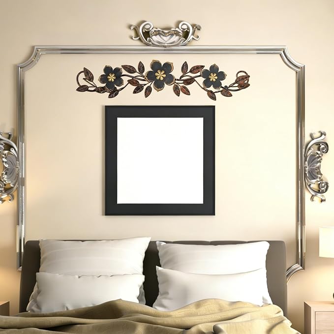 Wesiti Metal Flower Wall Decor Wrought Iron Scroll 15.7x3.7,Black | Vintage Metal Flower decor,Farmhouse Leaf Art with Nails, Flat Not 3D Design, For Bedroom Kitchen Indoor Outdoor Wall Decor - Image 6