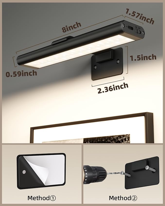 EZVALO Picture Light for Wall, Rechargeable 2400mAh Lights Wireless with IR Remote, 3 Color & Dimmable Magnetic 7.87'' LED Lights Display for Painting, Living Room, Gallery, Bedroom Art(Black-2P) - Image 3