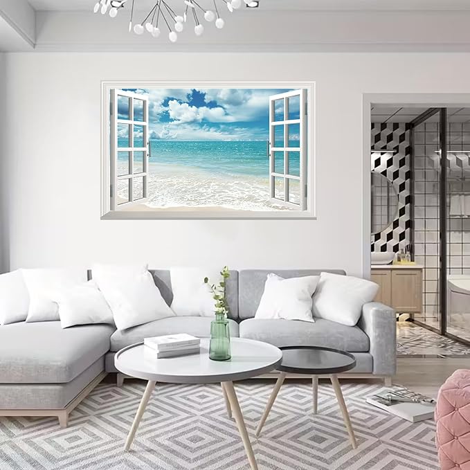 Fake Window Wall Mural White Beach (48"x32") | Peel and Stick Faux Window Wall Sticker Decal Poster for Bedroom Home Decor - Image 4