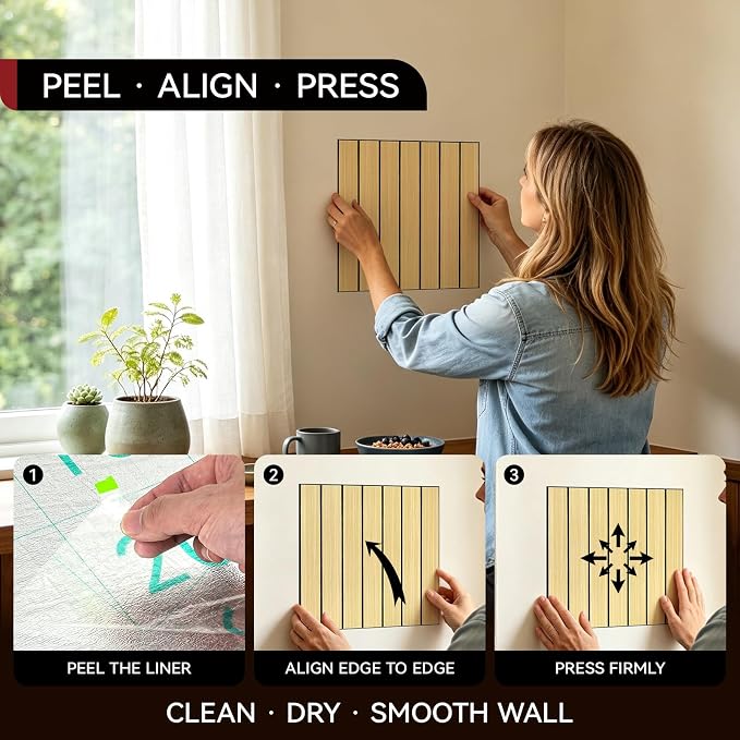 CUCOS Wood Slat Wall Panels Peel and Stick 12"x12" | Self Adhesive PVC Wall Panels for Accent Wall, Waterproof Wall Decor for Living Room Bedroom Office, Light Brown - Image 4