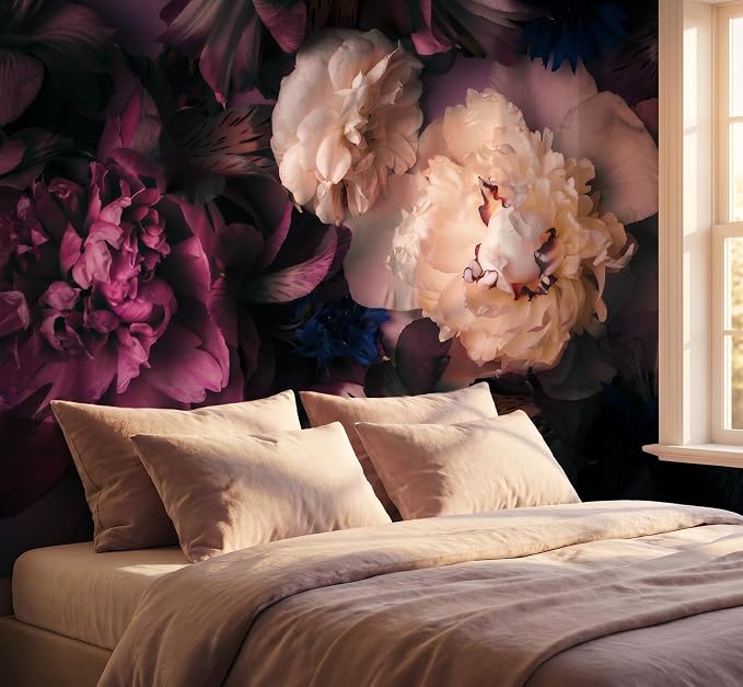 MFWFM Dark Floral Peel and Stick Wallpaper Peony Flowers Wall Murals | 157"x110", for Bedroom Living Room Bathroom, Self Adhesive Canvas by MFWFM