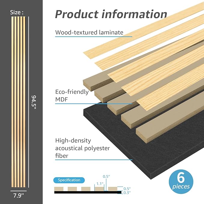Art3d 6-Pack 3D Textured Soundproof Wood Slat Wall Panel, 94.5" x 7.9", Oak | Wood Grain Finish, Effortless Setup, Sustainable, Long-Lasting, Noise Reduction, Easy Care, for Living Room, Bedroom, Office - Image 4