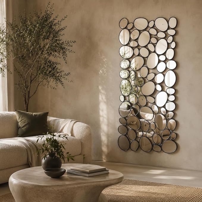 Black Mosaic Wall Mirror, 27.55" x 55" Large Pebble Geometric Decorative Mirror with 71 Irregular Mirror Pieces, Modern Accent Wall Decor for Living Room, Entryway, Bedroom, Hallway - Image 4