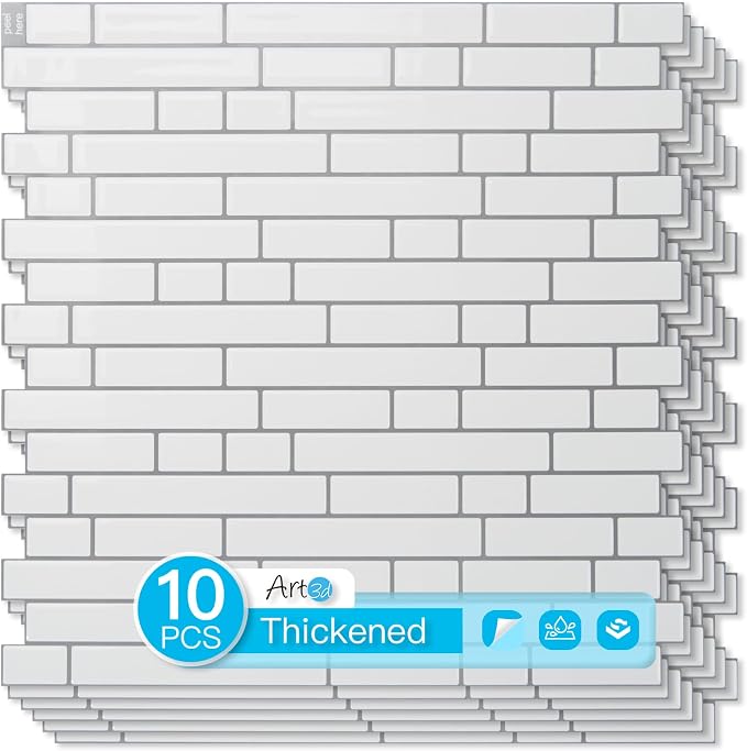 Art3d Linear Tile Peel and Stick Backsplash, 10-Pack, White with Gray Grout | 12 x 12 Inch, Enhanced Thickness, Warp Resistant, Strong Adhesion, Sturdy, for Kitchen, Bedroom, Ideal for Home Improvement by Art3d