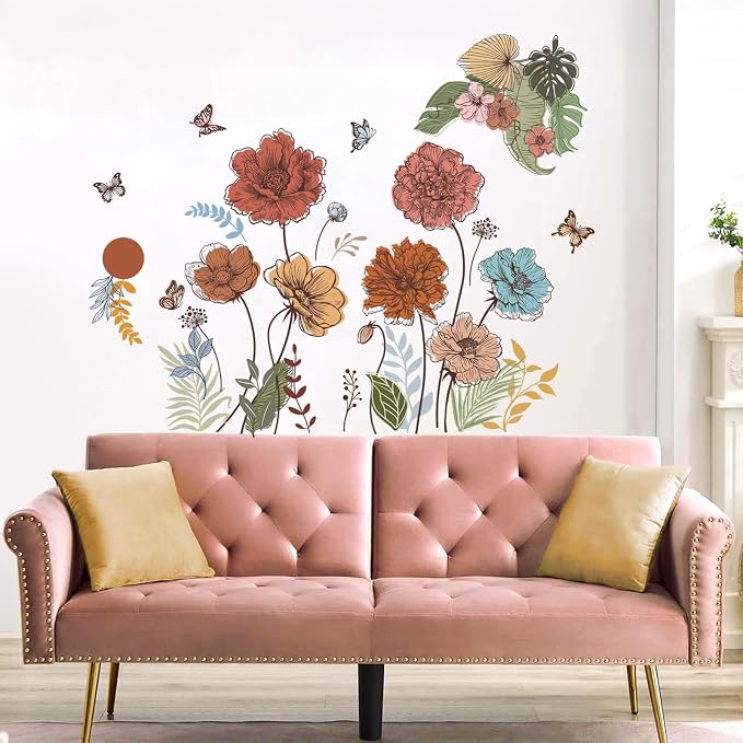 Large Boho Flower Wall Decals Floral Leaves Grass Butterfly Wall Stickers Removable Wall Art Decor for Living Room Bedroom - Image 3