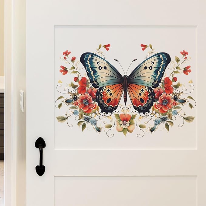 TUOKING Butterfly Red Flowers Wall Stickers Removable Wall Murals | Peel and Stick Wall Art Decal Home Decor for Kitchen,Bedroom,Living Room(fun-e34) - Image 3