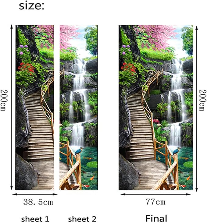 artfanke 3D Trestle Bridge Waterfall Door Sticker Peel and Stick 30.3"x78.7"- Self-Adhesive Door Murals Wallpaper - Waterproof Wall Decal for Bedroom Decor (2 Sheets/Set) - Image 6