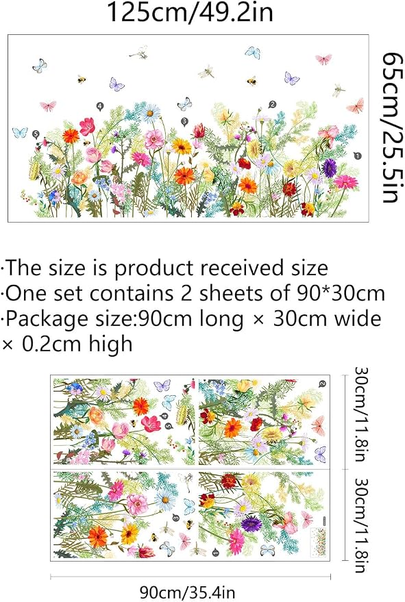 Wildflower Wall Decals, Colorful Floral with Butterflies, Bees and Dragonflies, Peel and Stick Removable Vinyl Stickers for Bedroom Living Room, 49.2x25.5in, 2 Sheets - Image 2