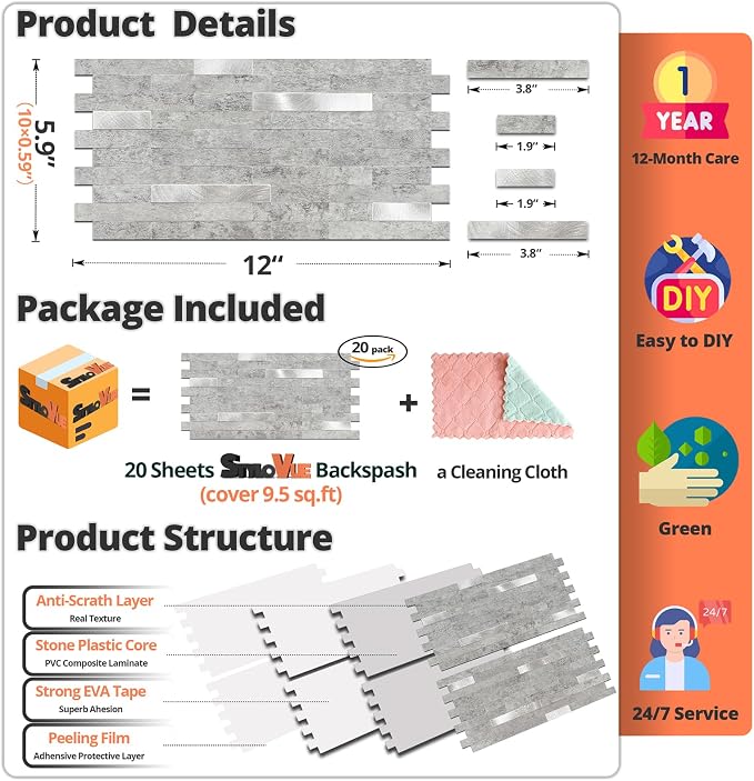 StyloVue 20 Sheets Peel and Stick Backsplash for Kitchen, Slate Gray with Metal Silver Look Stick on Tile Upgrade Your Kitchen Backsplash, RV, Fireplace - Image 6