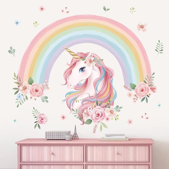 wondever Large Rainbow Wall Decals Unicorn Flower Girls Room Wall Stickers | Peel and Stick, Removable, Wall Art Decals, Wall Decoration, Kids Room, Girls Bedroom Baby Nursery Playroom Decor - Image 2