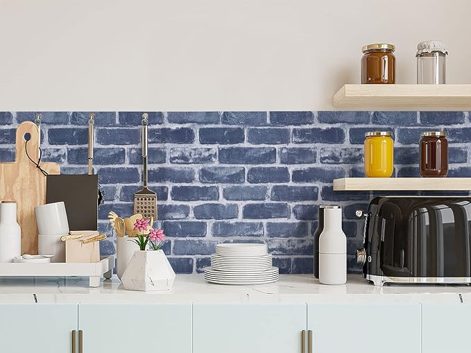 Timeet Blue Brick Wallpaper Peel and Stick Wallpaper 17.7" x 118.11" Self-Adhesive Removable Brick Textured Wallpaper Waterproof Backplash Living Room Wall Decor - Image 5