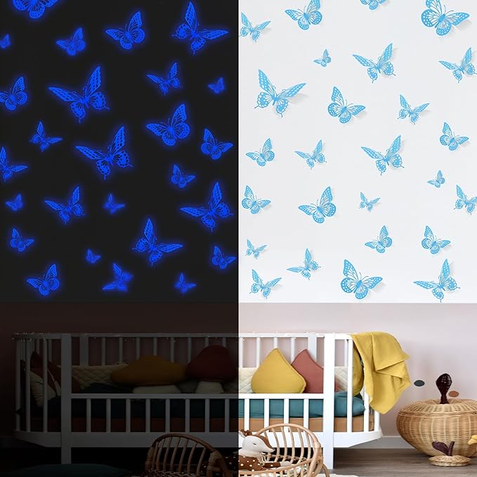 SAOROPEB Glow in The Dark 3D Butterfly 24 Pcs Blue Butterfly Stickers | 3 Sizes, Luminous for Ceiling or Wall, Glow in The Dark Party Supplies, Removable Luminous Stickers for Kids Babys Nursery by SAOROPEB