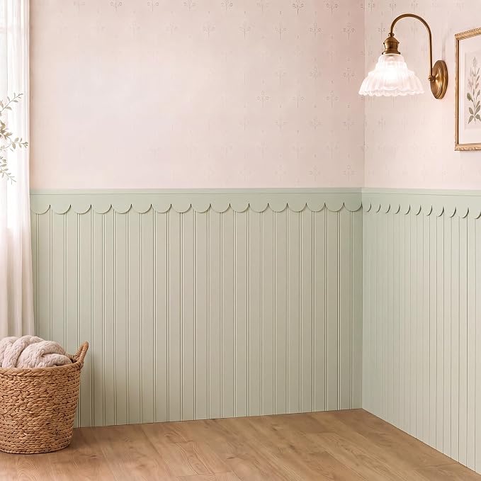 Nuanchu 1 Sets 37.8" x 118" Scalloped Wainscoting Wall Panel Kit Decor | 12 Board and Batten Paintable Accent Wall Panel, Pre Cut Beadboard with 4 Top Rail 4 Decorative Scallop Trim, Nursery Bedroom by Nuanchu