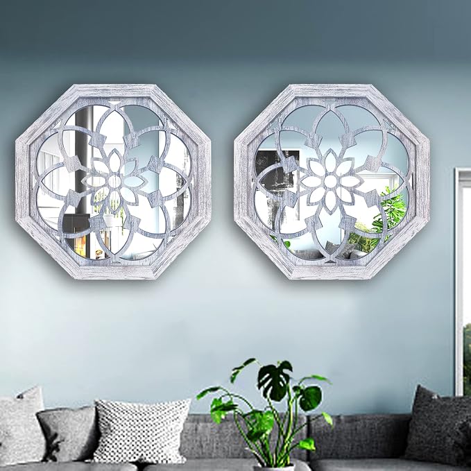 ZOLAPI 2 PCS 20inch Octagon Wall-Mounted Mirrors,Vintage Farmhouse Mirror for Wall Decor,Rustic White Color Decorative Accent Mirror for Foyer, Bathroom, Bedroom. (20”x20”) - Image 5