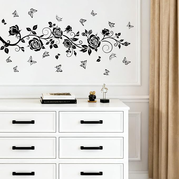 Flower Vine Decals Flying Butterfly Black Floral Wall Stickers Removable Wall Art Decor for Living Room Bedroom - Image 4