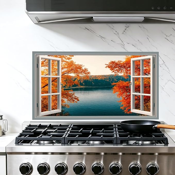 Autumn Lake Kitchen Backsplash Peel and Stick, 30x16 in | Open window view of fiery orange autumn forest over still blue lake; flat 2D waterproof peel and stick; wipe clean; 30x16 in by JOYHAUE