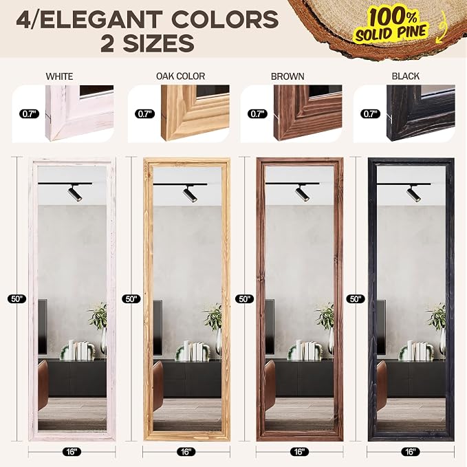 50"x16" Door Mirror, Rustic Full Length Mirror, Over The Door Hanging Mirrors Full Length, Wooden Hanging Mirrors for Bedroom, Bathroom, Black - Image 2