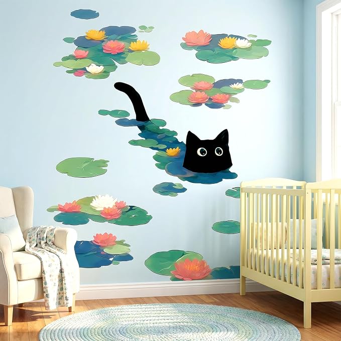 Black Cat Cute Kitten Water Lily Lotus Pond Wall Decals Peel and Stick | Adorable black cat swimming in water lily pond wall decal, removable peel-and-stick vinyl decor for bedroom bathroom nursery - Image 6