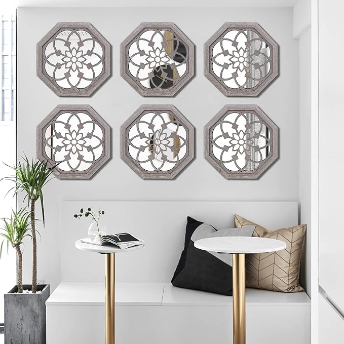 ZOLAPI 2 PCS Octagon Wall-Mounted Mirrors,Vintage Farmhouse Mirror for Wall Decor,Barn Wood Color Decorative Accent Mirror for Foyer, Bathroom, Bedroom. (12”x12”) - Image 6