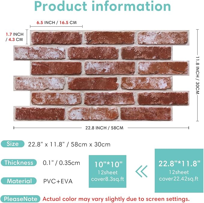 Commomy Faux Brick 3D Wall Panels - Not Real Brick 12 pcs of 22.8" x 11.8" | Thin UrltraLight PVC Wall Stickers Retro Red Brick Peel and Stick Tile for Kitchen,Bedroom, Living Room（Covers 22.48 sq.ft） - Image 6