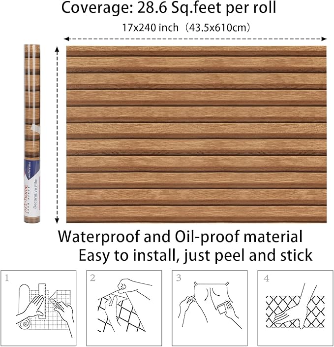 Arthome 17''x240'' Wood Slat Wallpaper, Peel and Stick Self Adhesive Wood Wallpaper PVC Vinyl Decorative Removable Wallpaper Waterproof Faux Wood Grating Stripe Contact Paper for Living Room Bedroom - Image 7