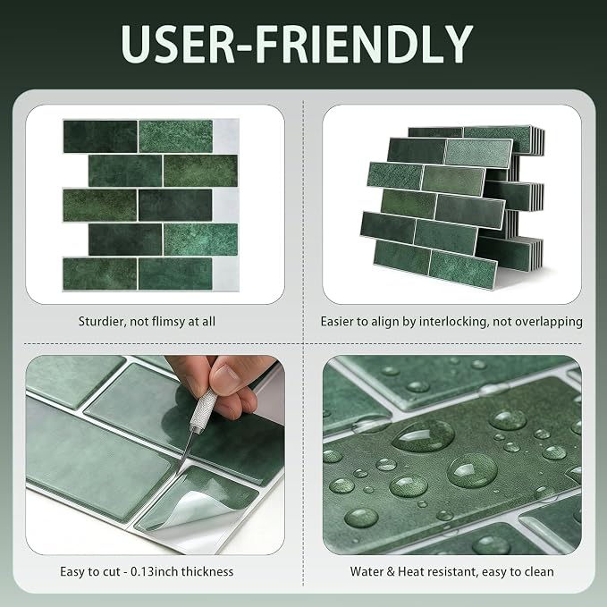 Arttown Peel and Stick 3D Wall Backsplash, 20-Sheet, 12" × 12" Green | Subway Tiles Self Adhesive Thicker Design Wall Tile Panel Wallpaper for Kitchen Bathroom Balcony Rental Housing - Image 6