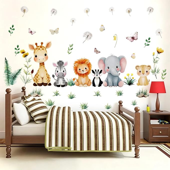 Watercolor Baby Safari Animals Wall Decal, Peel and Stick Jungle Animals Lion, Elephant Nursery Wall Stickers for Kids, Boys and Girls Room, Bedroom & Toddler Room Decor (Animal Floral Decals) - Image 6