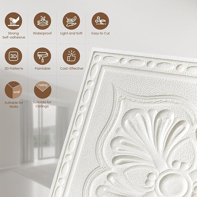 Ceiling Tiles Peel and Stick, 32 Pcs Ceiling Tiles Foam | Covered 42 Sq.Ft, Easy to Install and Cut for Ceil and Interior Wall Decor, Plain White（13.8 x 13.8 inch） - Image 3