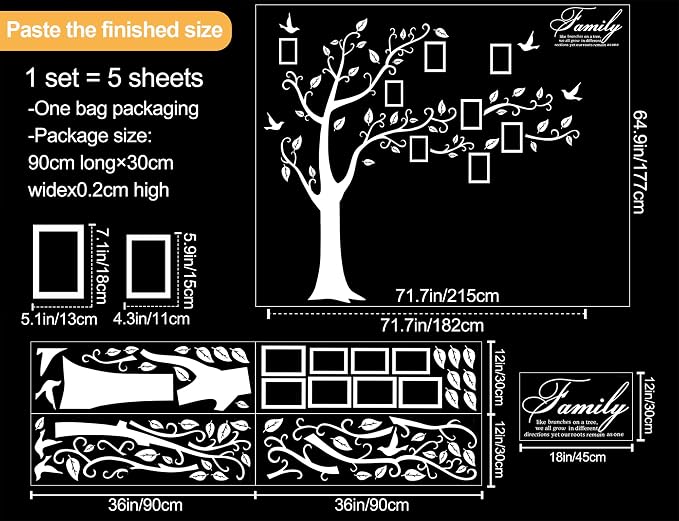 Large Family Photo Tree Wall Sticker 3D Peel and Stick Vinyl Photo Frame Tree Wall Decals Removable Quotes Leaf and Birds Wall Decor for Home Kids Bedroom Living Room Classroom Nursery R White - Image 2