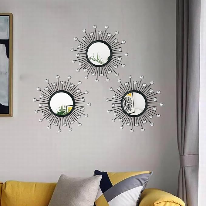 3 Pack Metal Mirrors for Wall Sunburst Wall Mirrors Home Décor Decorative Hanging Wall Art for Living Room Bedroom Entryway (Black Crystal, Sunburst) - Image 5