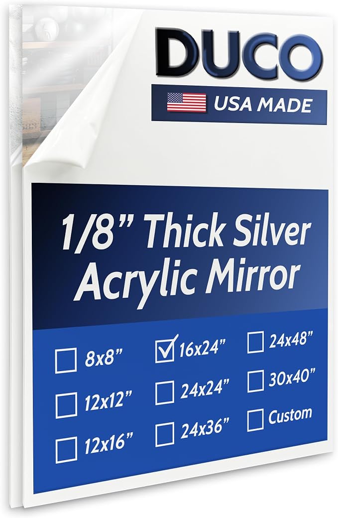 Duco USA-Made Acrylic Mirror Sheet 1/8 Inch Thick 16" x 24" (with Adhesives) - Pack of 2 Silver Frameless Plastic Mirror for Walls, Home Gyms, Bathrooms, & More - Shatter-Proof Mirrored Plexiglass by DucoPlasticsSupply