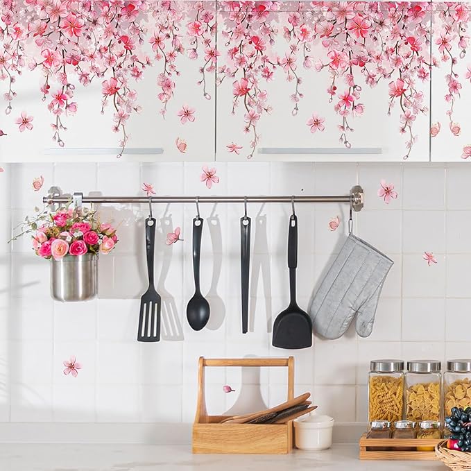 Cherry Blossom Flower Vine Wall Decal Peel and Stick Removable Floral Wall Art for Girls Bedroom Nursery Living Room Decor with Hanging Vines Blossoms by Unknown
