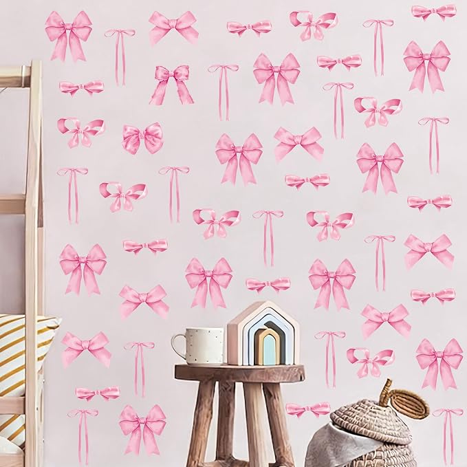 Arawat 8Sheets/56 Pcs Pink Coquette Bow Room Decor for Bathroom Women Bedroom Aesthetic Room Decor Bow wall Decoration for Bedroom Pink Bows wall Stickers Decals Peel and Stick - Image 3