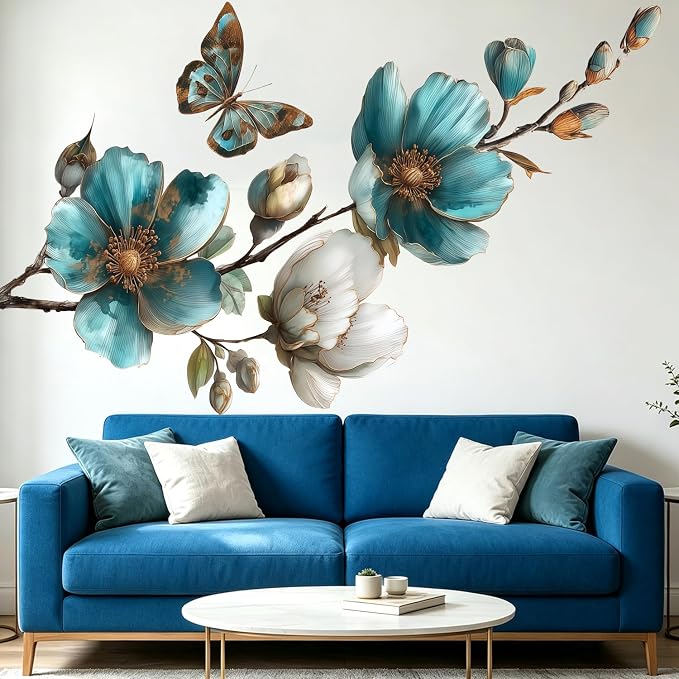 Teal Blue Flower Wall Decals with Butterfly - Large Floral Branch Wall Stickers for Living Room Bedroom, Peel and Stick Vinyl Art, Coastal Farmhouse Chinoiserie Decor, Removable Home Decoration by VePret