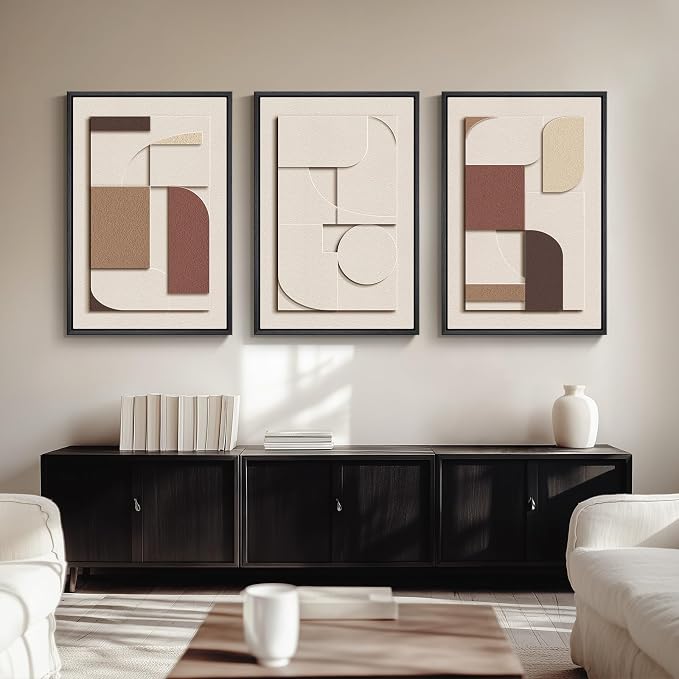 3D Textured Large Framed Neutral Abstract Wall Art for Living Room, 3 Piece | Wood Frames, Brown and Cream Sandstone Paintings, Modern Artwork for Walls, Geometric Sculptural Pictures Wall Decor Bedroom - Image 5