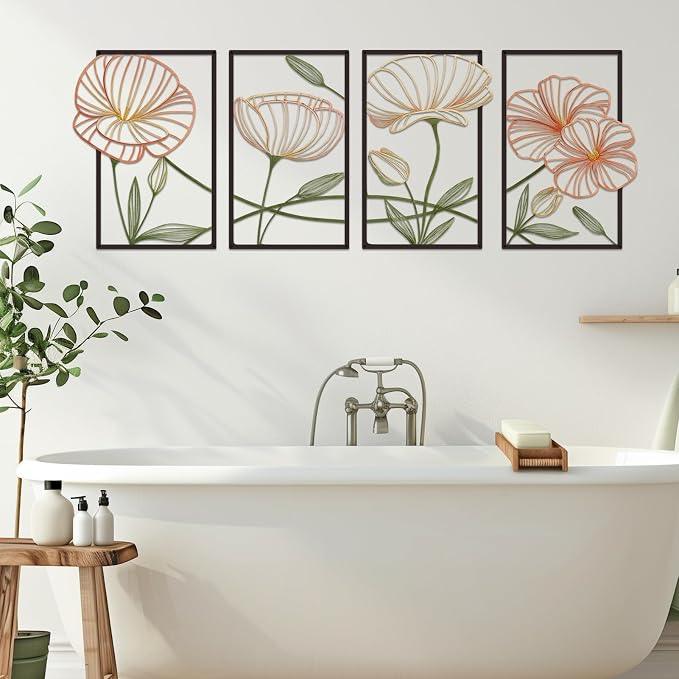 ESTART 4Pcs Metal Lotus Wall Decor Abstract Floral Line Art Sculpture | Minimalist Wall Decor for Bedroom Flowers Hanging Wall Sculpture for Living Room Kitchen Office and Yoga Room(Colourful) - Image 2