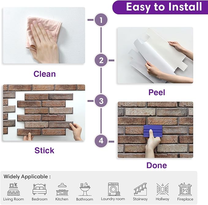 3D Peel and Stick Faux Brick Wall Panels 15.7" x 11.8" 10-Pack | Brown, Brick-Look Textured Wall Sticker, Thin Lightweight PVC Self Adhesive Wall Tiles for Interior Decor, Cover 12.9 sq ft - Image 8