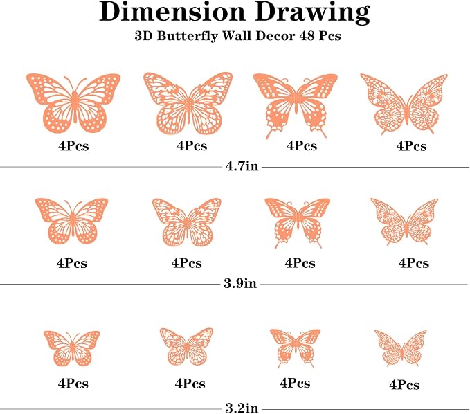 Meikeer 3D Butterfly Wall Decor 48 Pcs - 4 Styles & 3 Sizes, Removable Wall Stickers for Birthday, Party, Wedding Decorations & Interior Decor (Pink) - Image 2