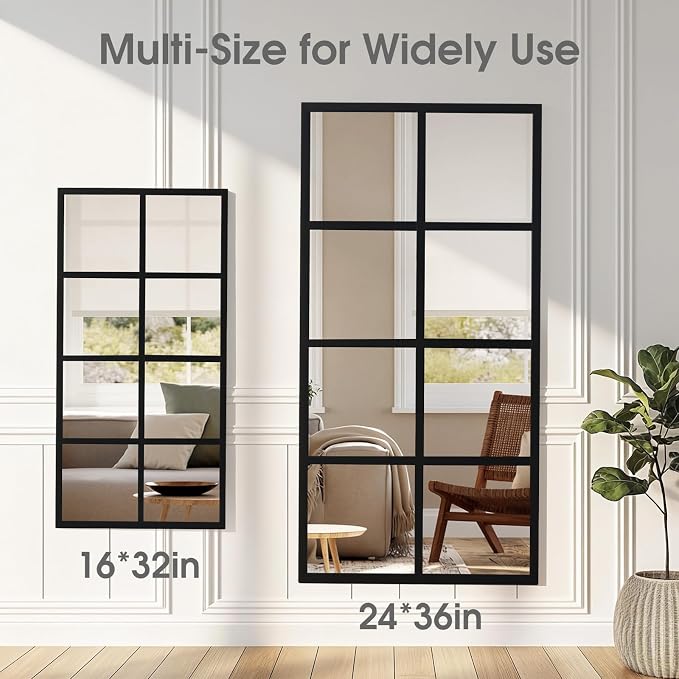 DUMOS 2Pcs Window Pane Wall Mirror, 16x32 Inch Black Framed Mirrors for Wall Decor Living Room, Black Metal Framed Big Square Mirror for Bathroom, Bedroom, Entryway - Image 7