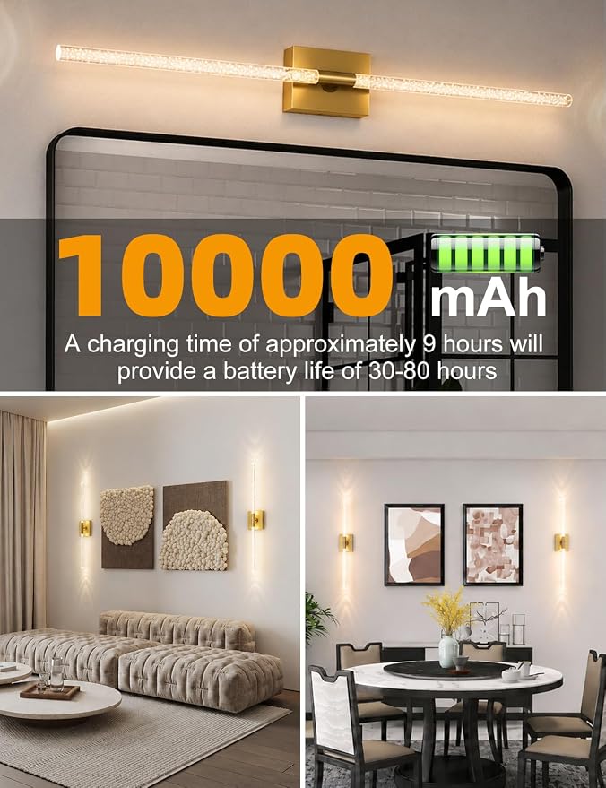 Rechargeable Wall Sconces Set of 2, Gold Crystal Bubble Wireless Wall Light | 10000mAh, Remote Control, 3000K-6000K Dimmable, 360° Adjustable, Ambient Lighting for Living Room, Bedroom, Picture, Bathroom - Image 5