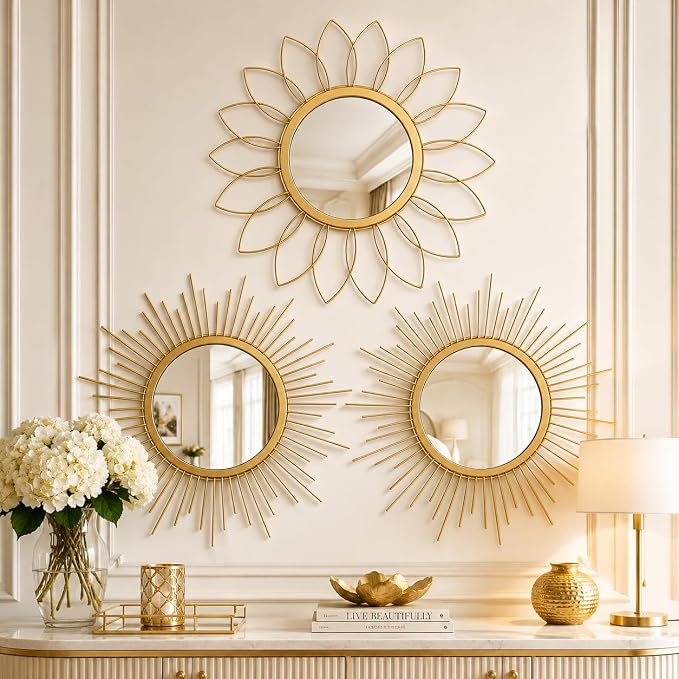 Gold Sunburst Mirror 14x14 Inch, Decorative Wall Accent with Metal Frame, Small Sun Mirror for Living Room, Bedroom, Entryway, Hallway, Boho Modern Home Decor by HMANGE