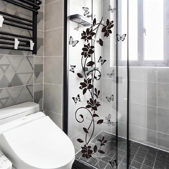 Black Flower Vine Butterfly Wall Stickers Floral Wall Art Decals | Simplicity Minimalist Removable Vinyl Peel and Stick for Bathroom Living Room Bedroom Home Decor - Image 3