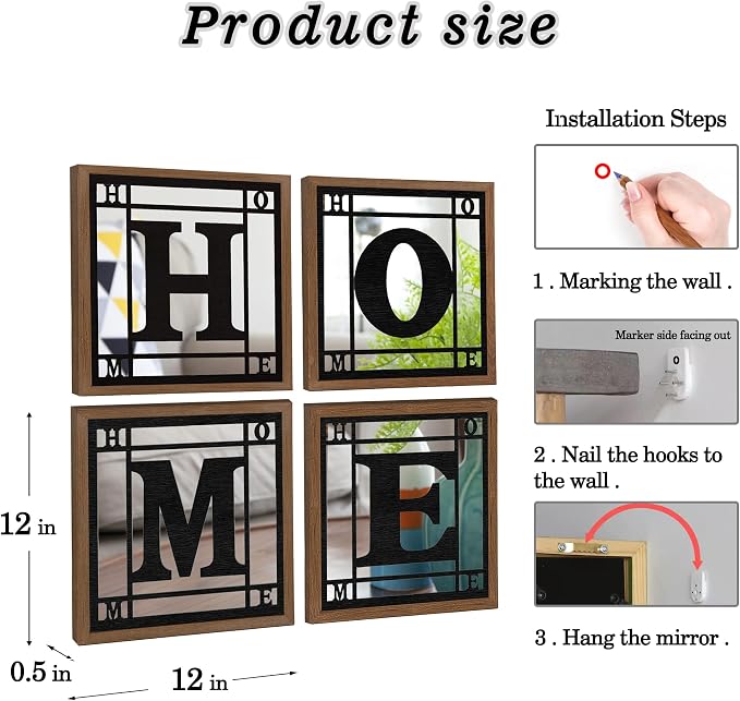 4 PCS Square Wall Mirrors, Rustic Farmhouse Accent Mirror， Home Wall Decor for Living Room, Bedroom, Bathroom & Entryway - Image 3