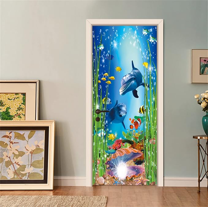 artfanke 3D Peel and Stick Door Sticker 33.5"x84.6"- Self-Adhesive Door Wallpaper Murals Decal-Dolphin Shell Undersea World Wall Poster for Home Decor (2 Sheets/Set) - Image 3
