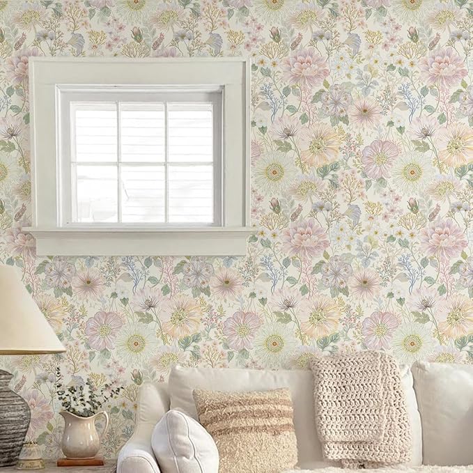 Dimoon Peel and Stick Wallpaper Floral Pink Contact Paper Cottage Wallpaper Modern Boho Farmhouse Removable Renter Friendly Waterproof Wall Paper for Cabinets Kitchen Botanical Vinyl 394" x 17.3" by DIYYOURMOON