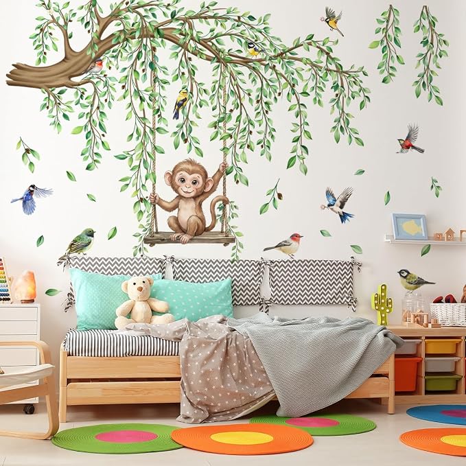 Large Tree Branch Wall Decal Green Leaf Vine Monkey DIY Home Decor Sticker - Image 3